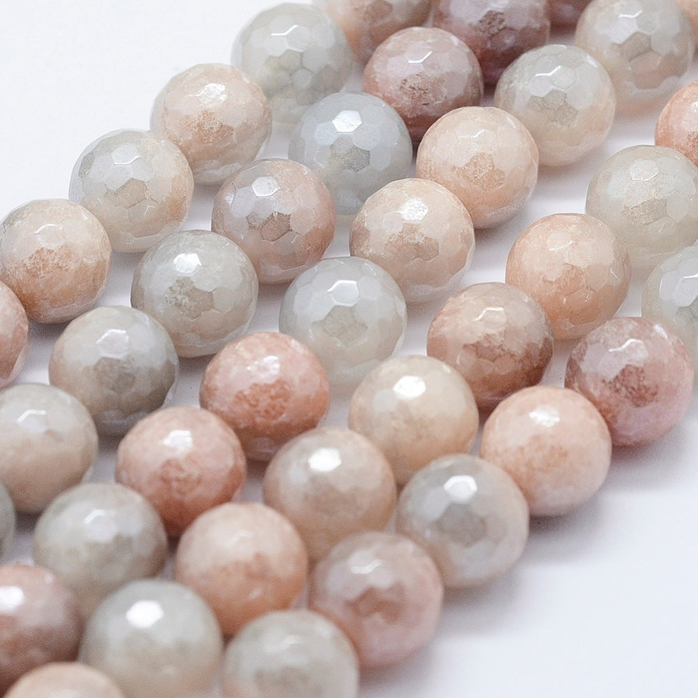 Electroplated Natural Sunstone Gemstone Beads Strands, Round, Faceted 6mm