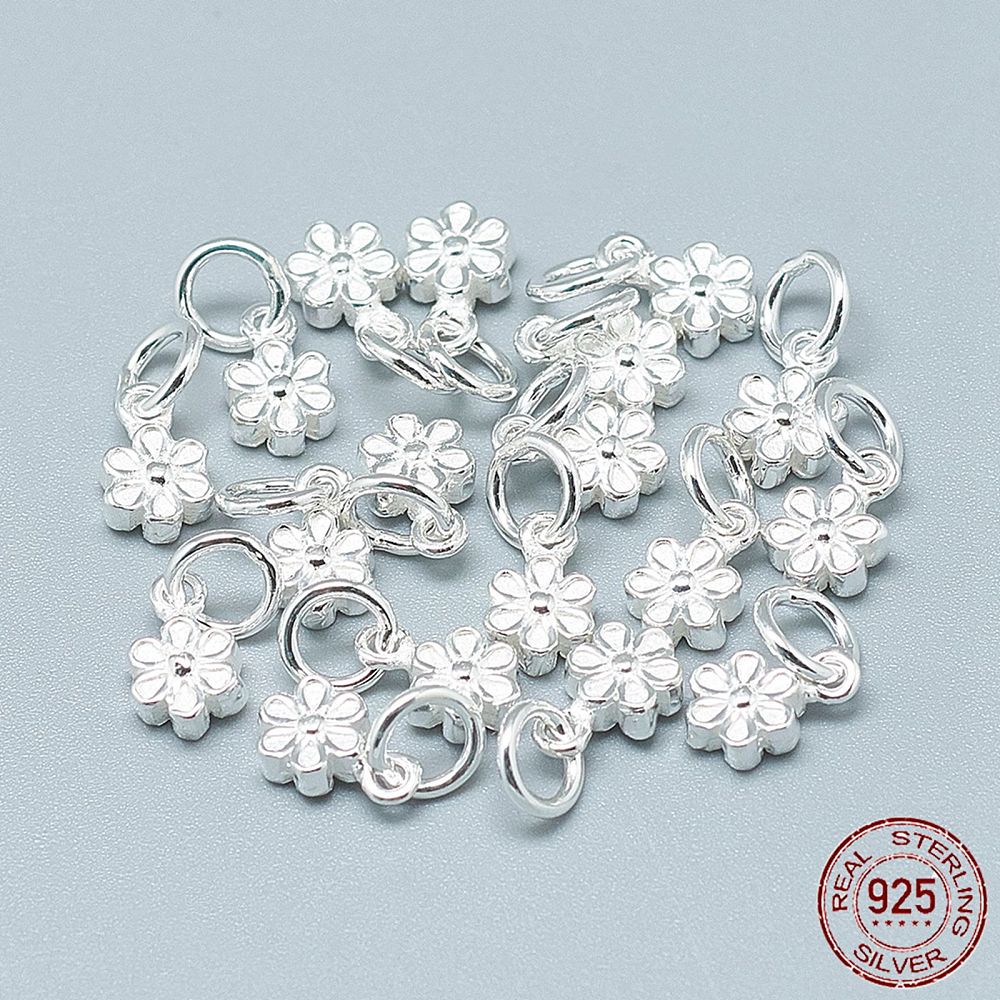 925 Sterling Silver Charms, with Jump Ring, Flower, Silver 2 PACK