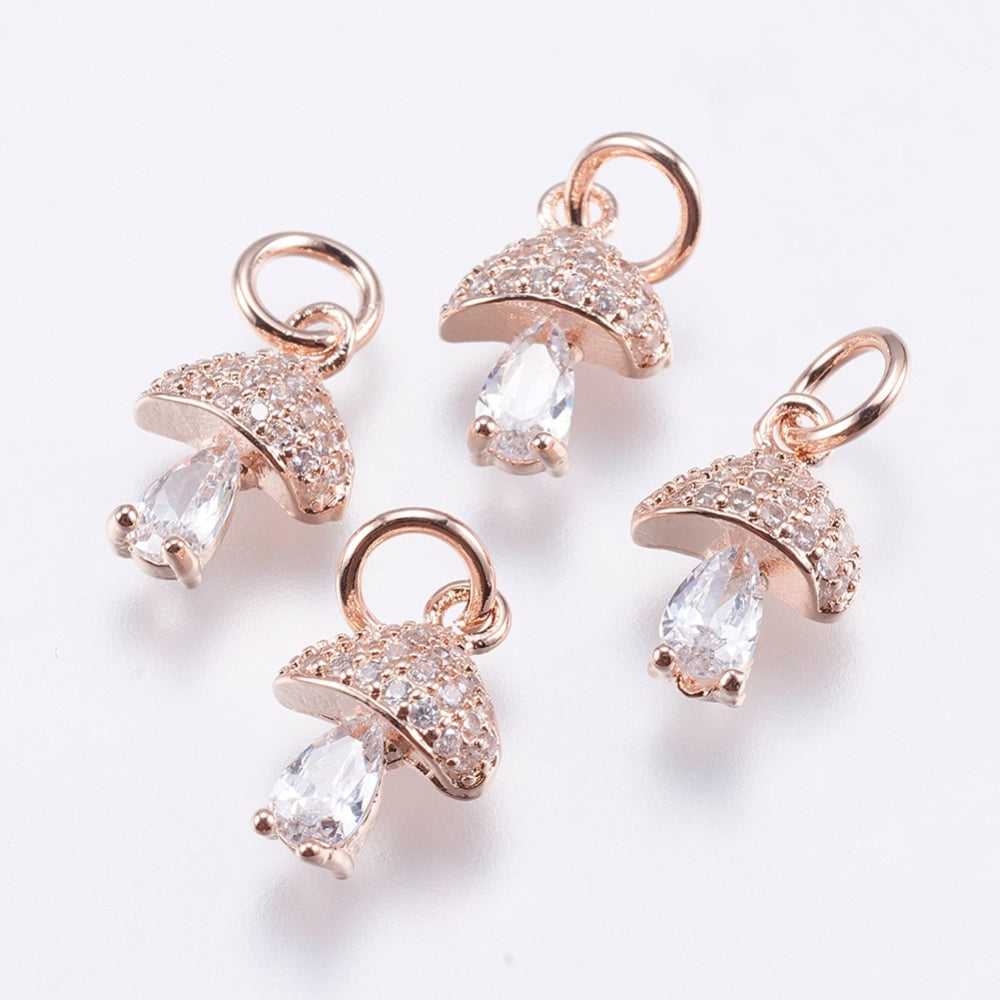 Brass Micro Pave Cubic Zirconia Charms, Cadmium Free & Lead Free, Mushroom, Real 18K Gold Plated