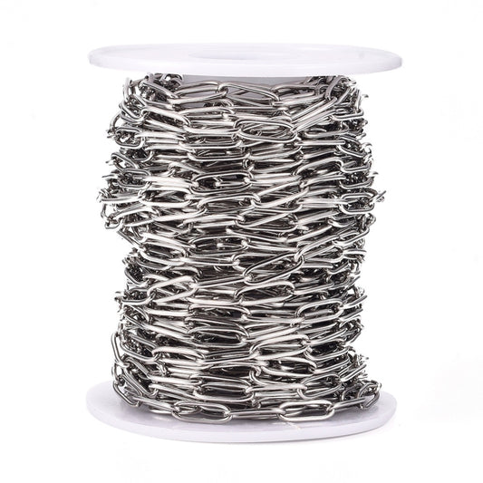 Tarnish Resistant 304 Stainless Steel Paperclip Chains, Drawn Elongated Cable Chains, Soldered, with Spool, Stainless Steel Color SOLD BY THE METER