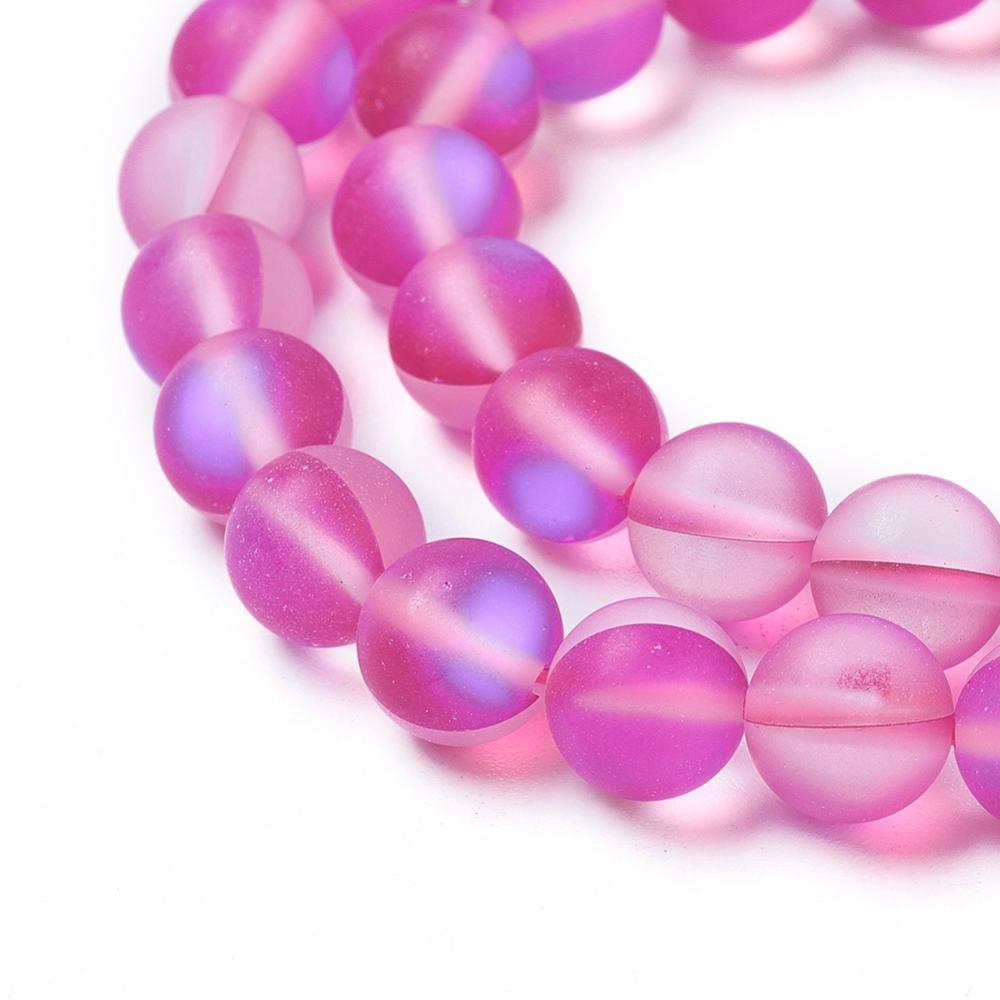 Mermaid Glass Holographic Beads, Half AB Color Plated, Frosted, Round, Magenta 8mm