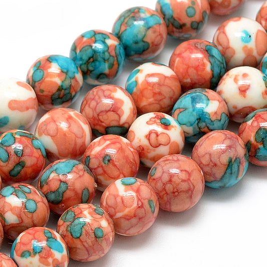 Ocean White Jade Beads Strands, Dyed, Round, Tomato 8mm