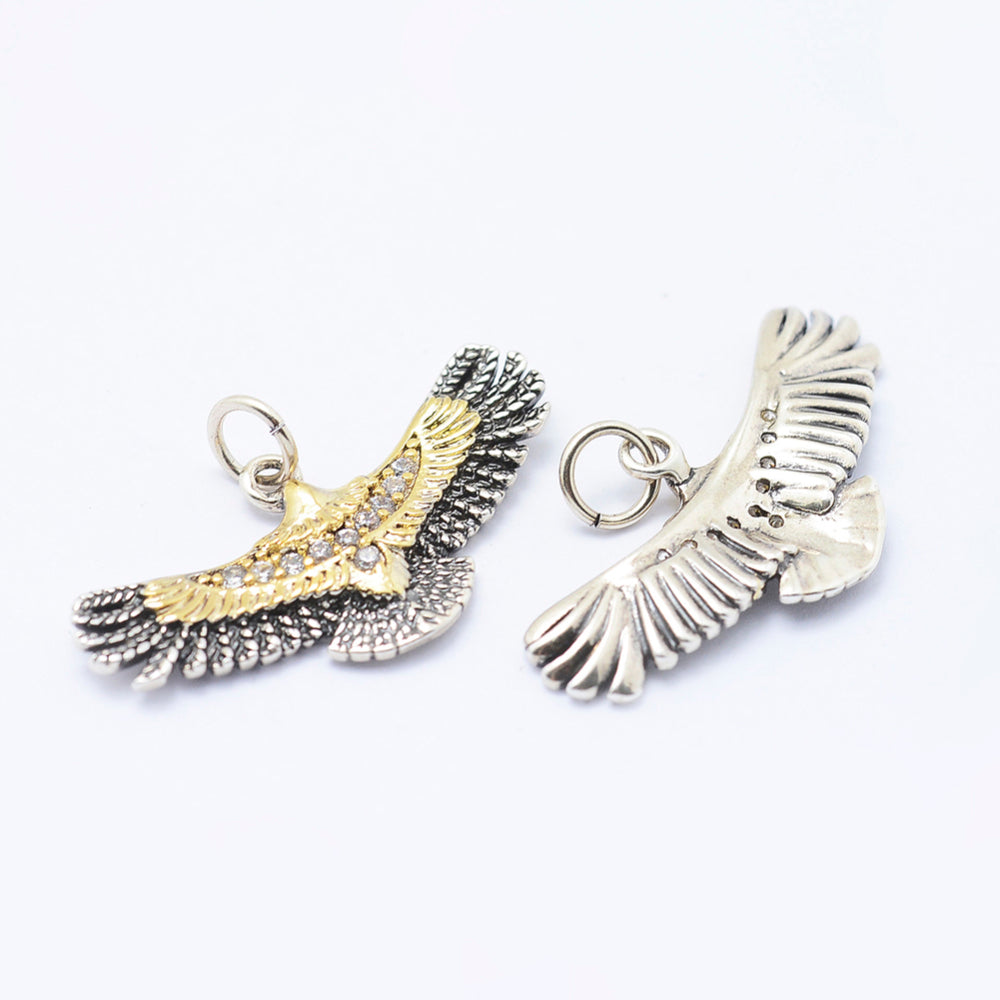 Brass Micro Pave Cubic Zirconia Eagle Pendants, Lead Free & Nickel Free & Cadmium Free, Eagle, Antique Silver & Antique Golden