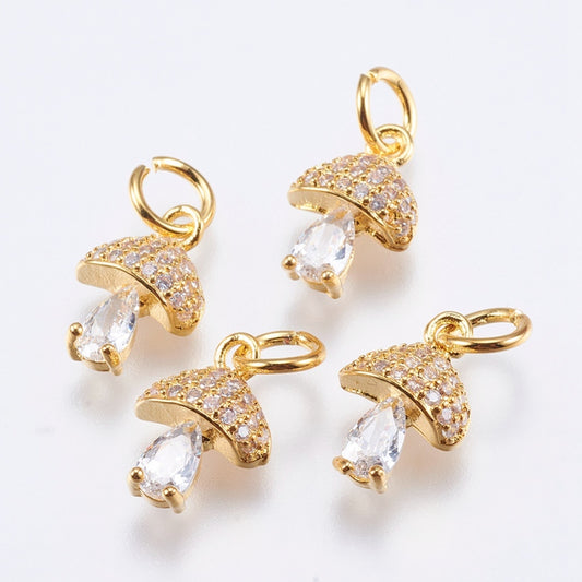 Brass Micro Pave Cubic Zirconia Charms, Cadmium Free & Lead Free, Mushroom, Real 18K Gold Plated