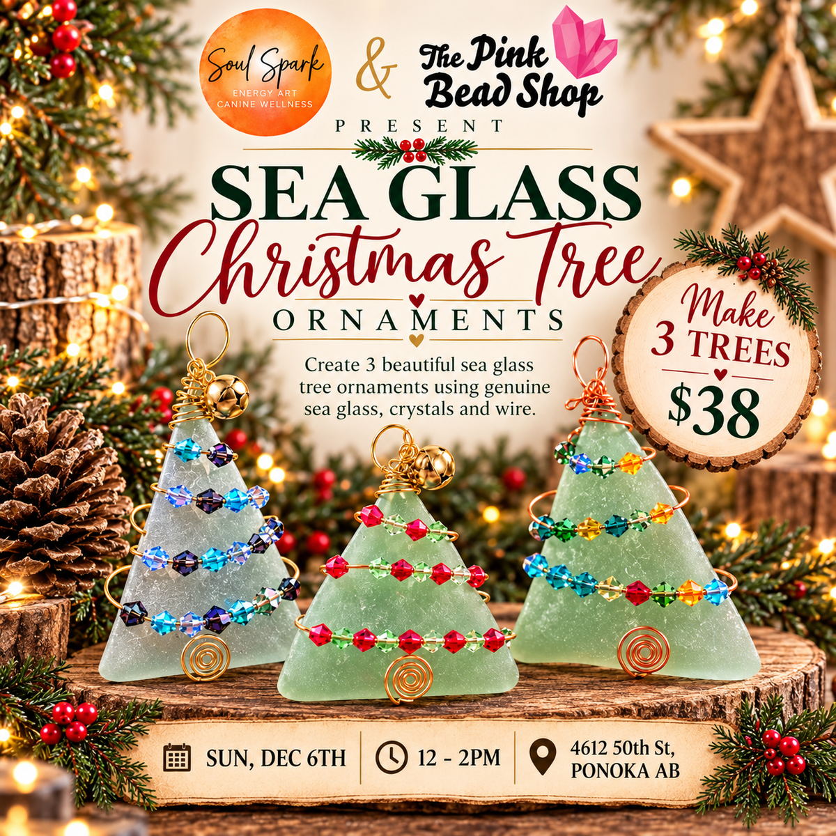 Sea Glass Christmas Tree Ornament workshop set of 3 with Andrea