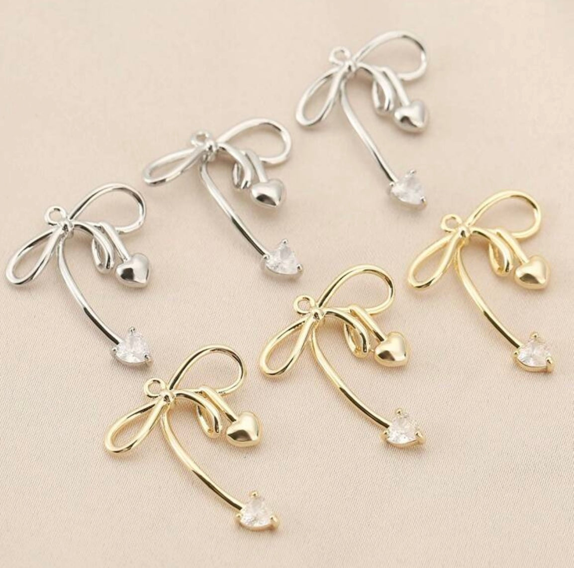 Copper inlaid Zirconia 18k Gold Plated Bow Pendant 2 pk Silver & Gold Color