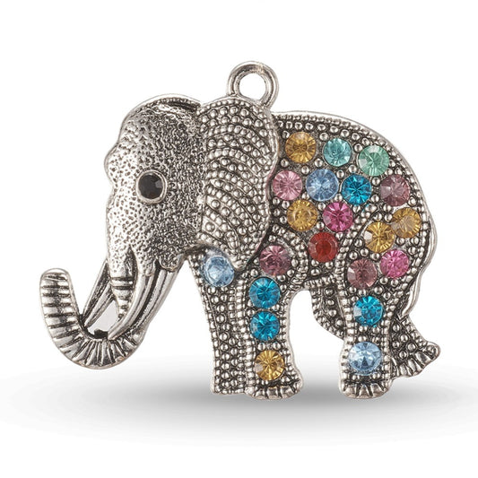 Elephant, Antique Silver, Colorful Tibetan Style Alloy Rhinestone Big Pendants