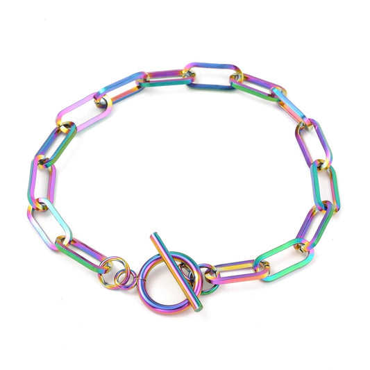 Rainbow Paperclip Chain Bracelet – PVD Stainless Steel with Toggle Clasp, Unisex, 8-1/8 inch (20.5cm) The Pink Bead Shop