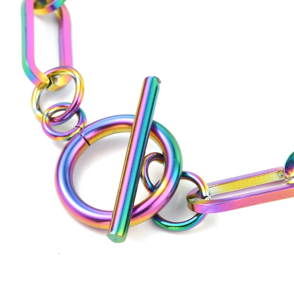 Rainbow Paperclip Chain Bracelet – PVD Stainless Steel with Toggle Clasp, Unisex, 8-1/8 inch (20.5cm) The Pink Bead Shop