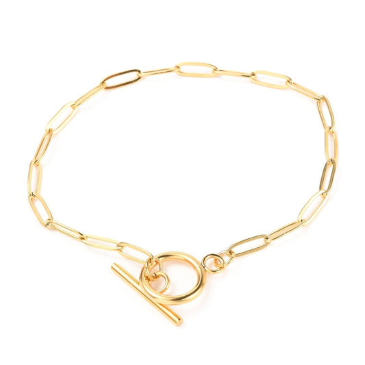 Golden Paperclip Chain Bracelet – PVD Stainless Steel with Toggle Clasp, Unisex, 7-7/8 inch (20cm) The Pink Bead Shop