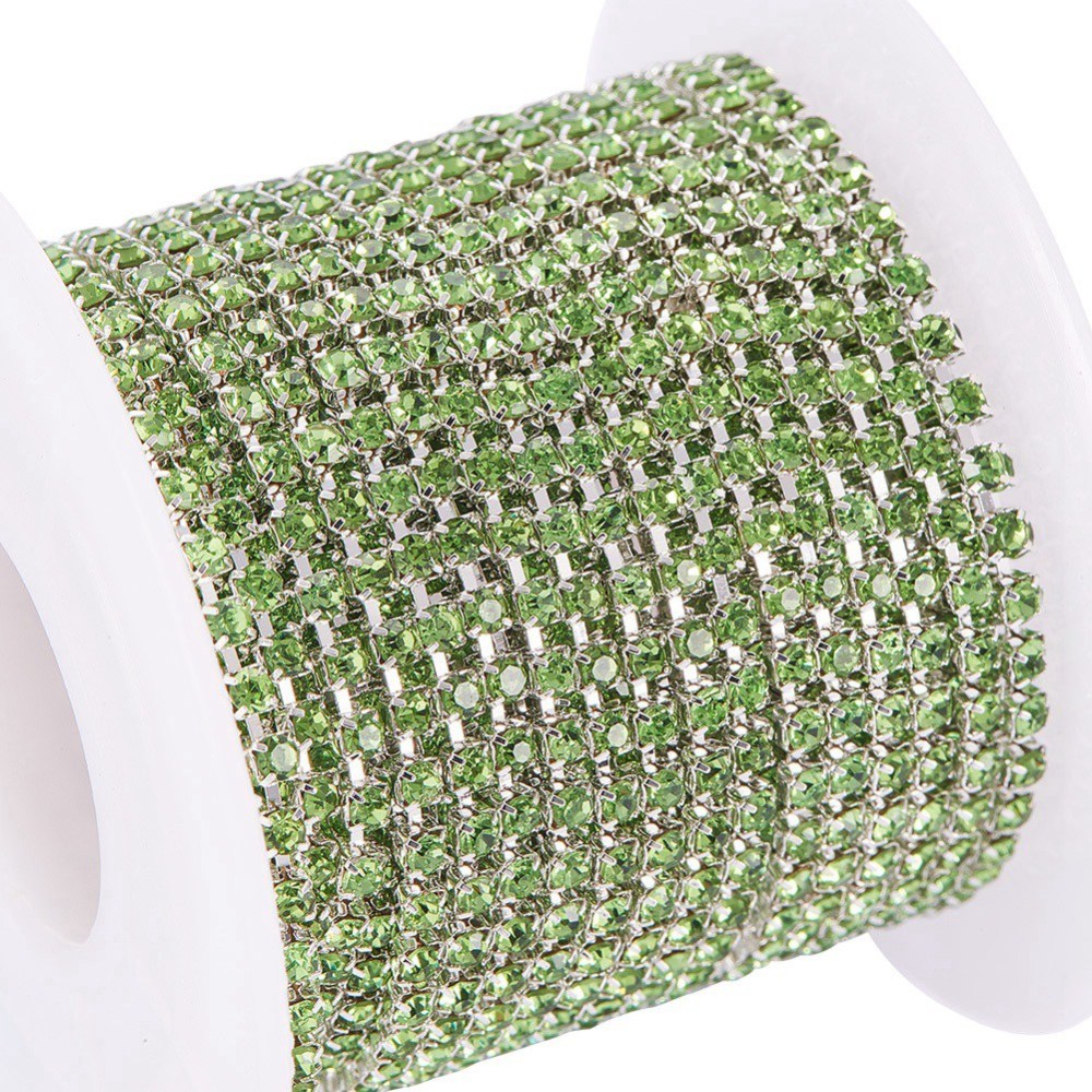 Brass Rhinestone Strass Chain Peridot Silver Plated | Sold by the Yard | The Pink Bead Shop Canada