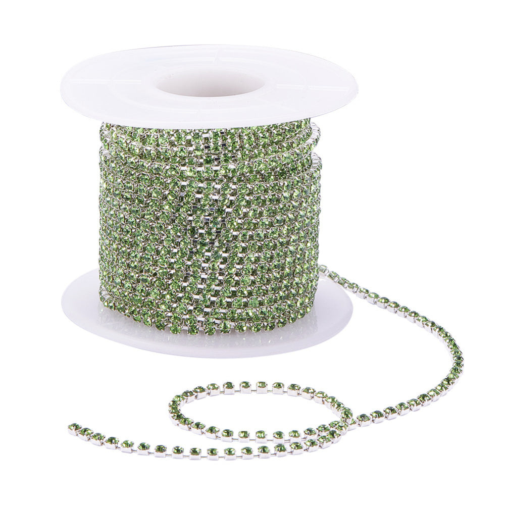 Brass Rhinestone Strass Chain Peridot Silver Plated | Sold by the Yard | The Pink Bead Shop Canada