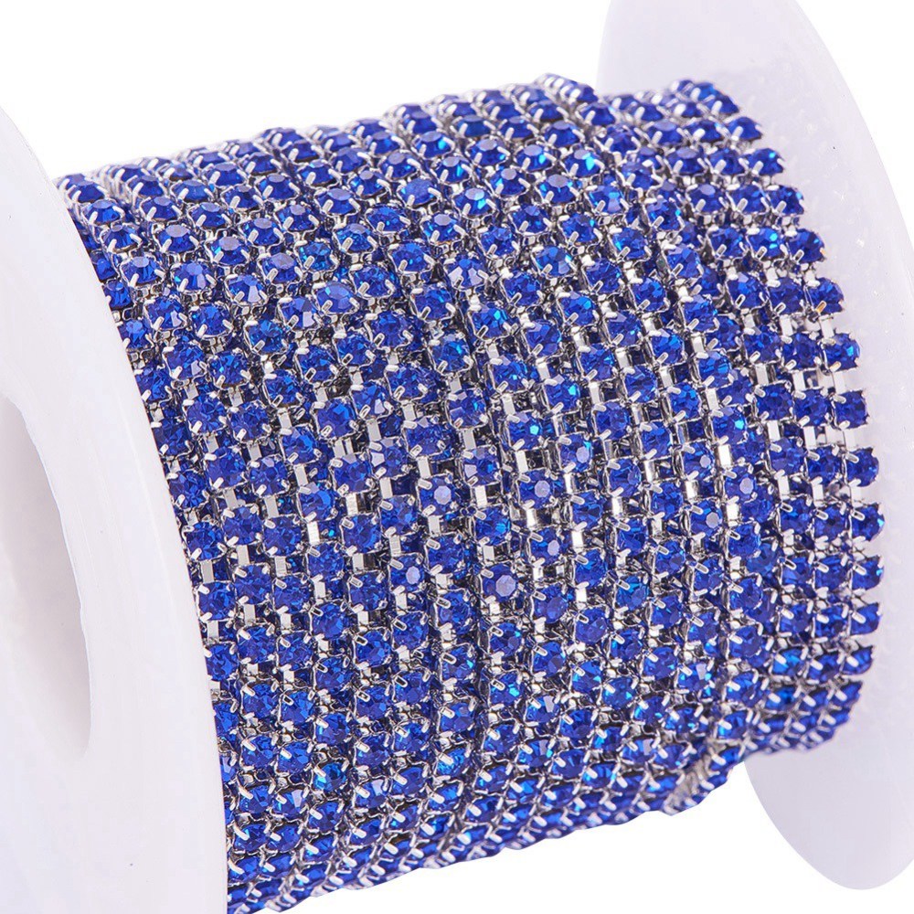 Brass Rhinestone Strass Chain Sapphire Blue Silver Plated | Sold by the Yard | The Pink Bead Shop Canada