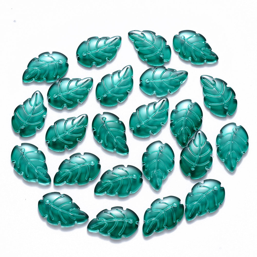 Dark Green Transparent Glass Leaf Pendants Bulk 23.5x15x6.5mm | The Pink Bead Shop Canada