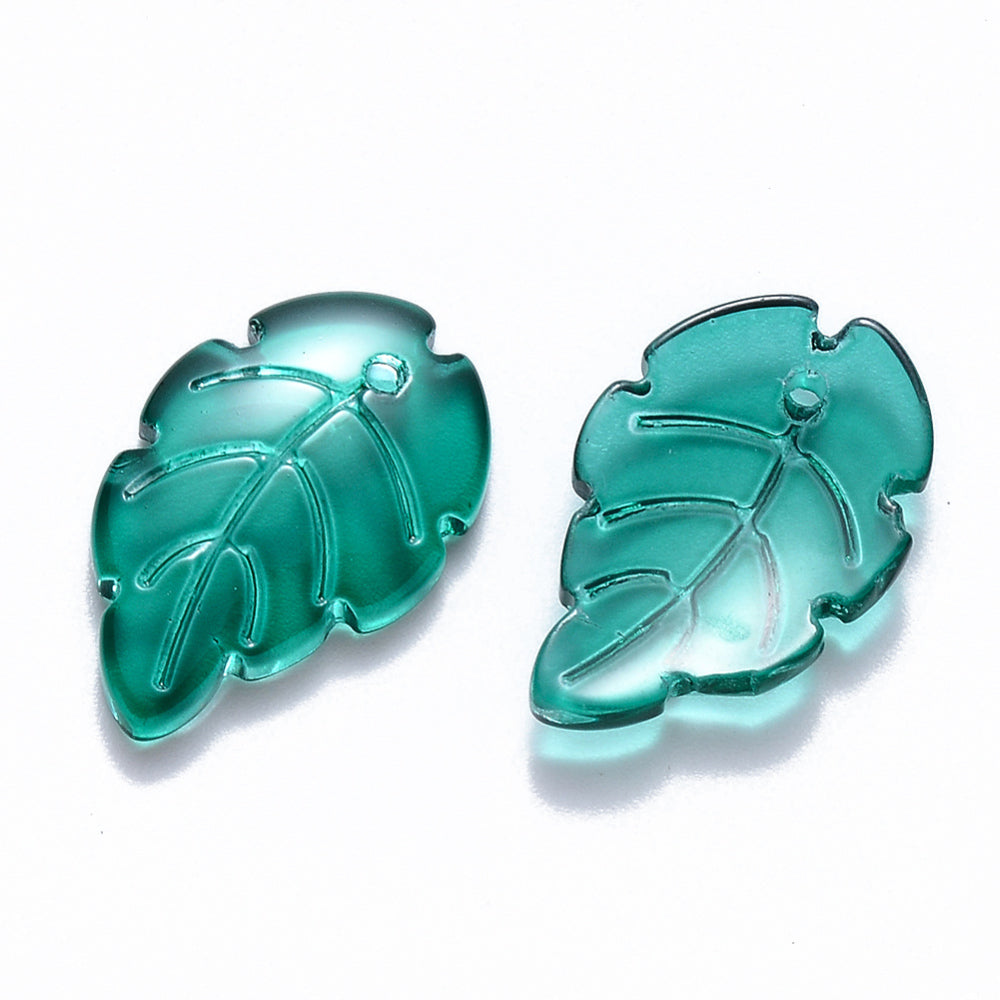 Dark Green Transparent Glass Leaf Pendants Bulk 23.5x15x6.5mm | The Pink Bead Shop Canada