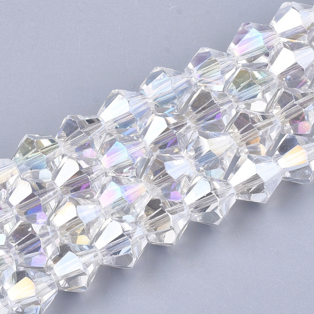 6mm Clear AB Faceted Glass Bicone Beads – Electroplated Crystal Finish The Pink Bead Shop