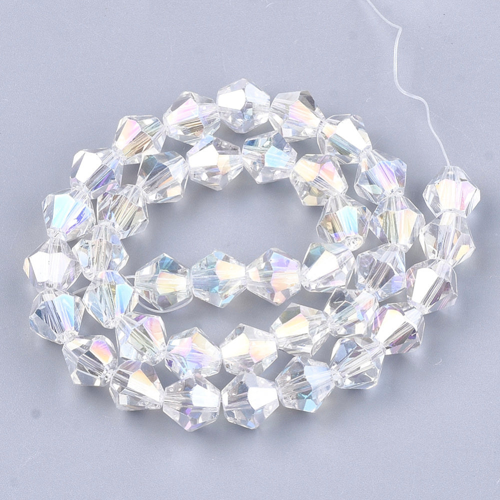 6mm Clear AB Faceted Glass Bicone Beads – Electroplated Crystal Finish The Pink Bead Shop