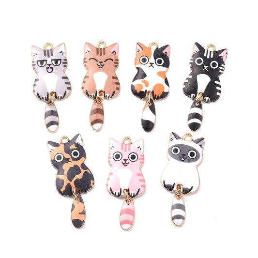 Light Gold Plated Alloy Enamel Cat Pendants – Mixed Colors, Cadmium-Free & Nickel-Free, 38×15.7×3mm, Hole: 2mm 2Pack The Pink Bead Shop
