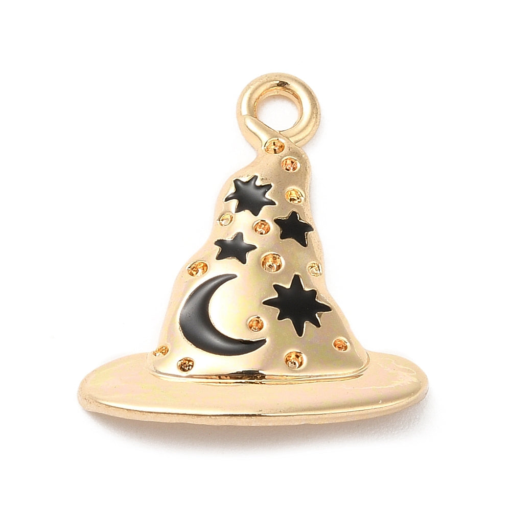 Gold & Black Witch Hat Moon & Star Enamel Charms – 2pk – 21mm | The Pink Bead Shop Canada