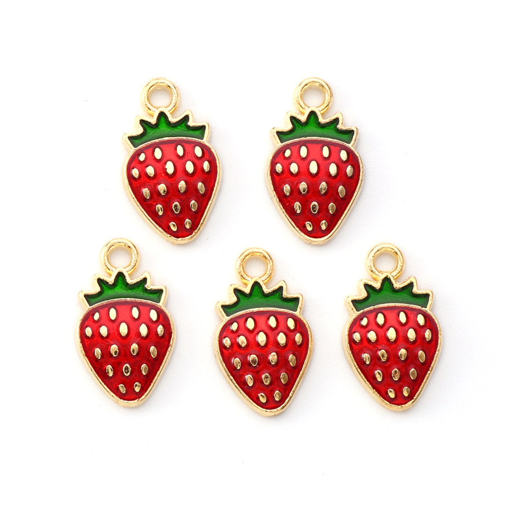 Light Gold-Plated Strawberry Enamel Pendants – 5 Pack | The Pink Bead Shop Canada