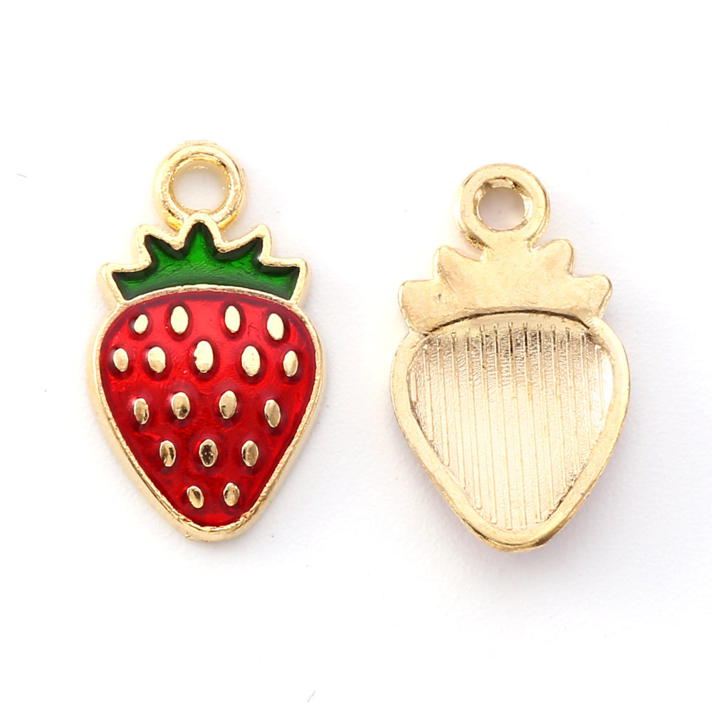 Light Gold-Plated Strawberry Enamel Pendants – 5 Pack | The Pink Bead Shop Canada