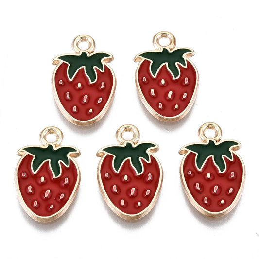 Strawberry Enamel Charms – Red Strawberry Pendant Charms – Gold Plated Fruit Charms – 18.5mm Jewelry Making Charms 5Pack The Pink Bead Shop
