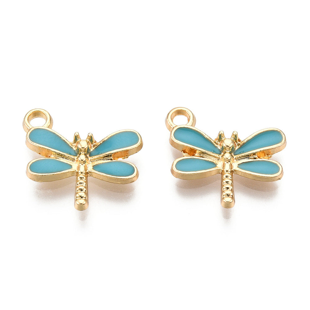 Light Gold-Plated Enamel Dragonfly Charms – 5pK Pink, White. Turquoise | The Pink Bead Shop Canada