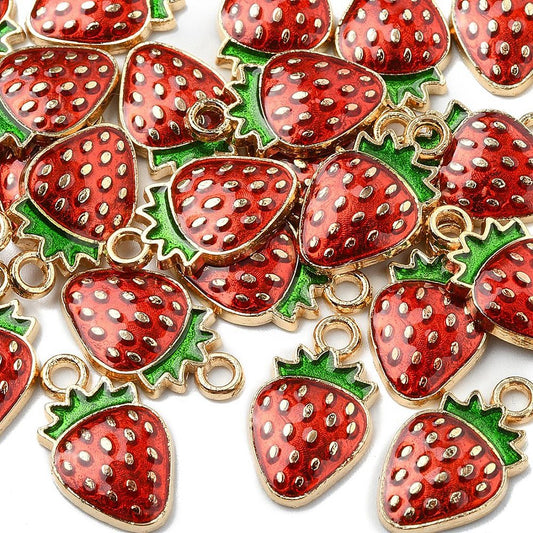 Light Gold-Plated Strawberry Enamel Pendants – 5 Pack | The Pink Bead Shop Canada