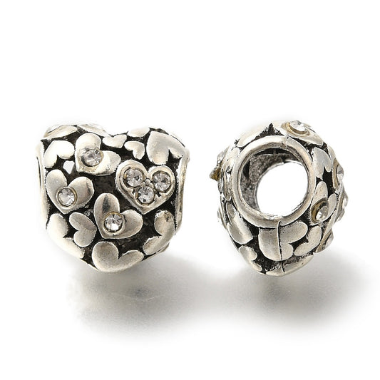 European Heart Beads – Antique Silver with Rhinestones, Large Hole 11.5×12×10mm, 5mm Hole 2Pk The Pink Bead Shop