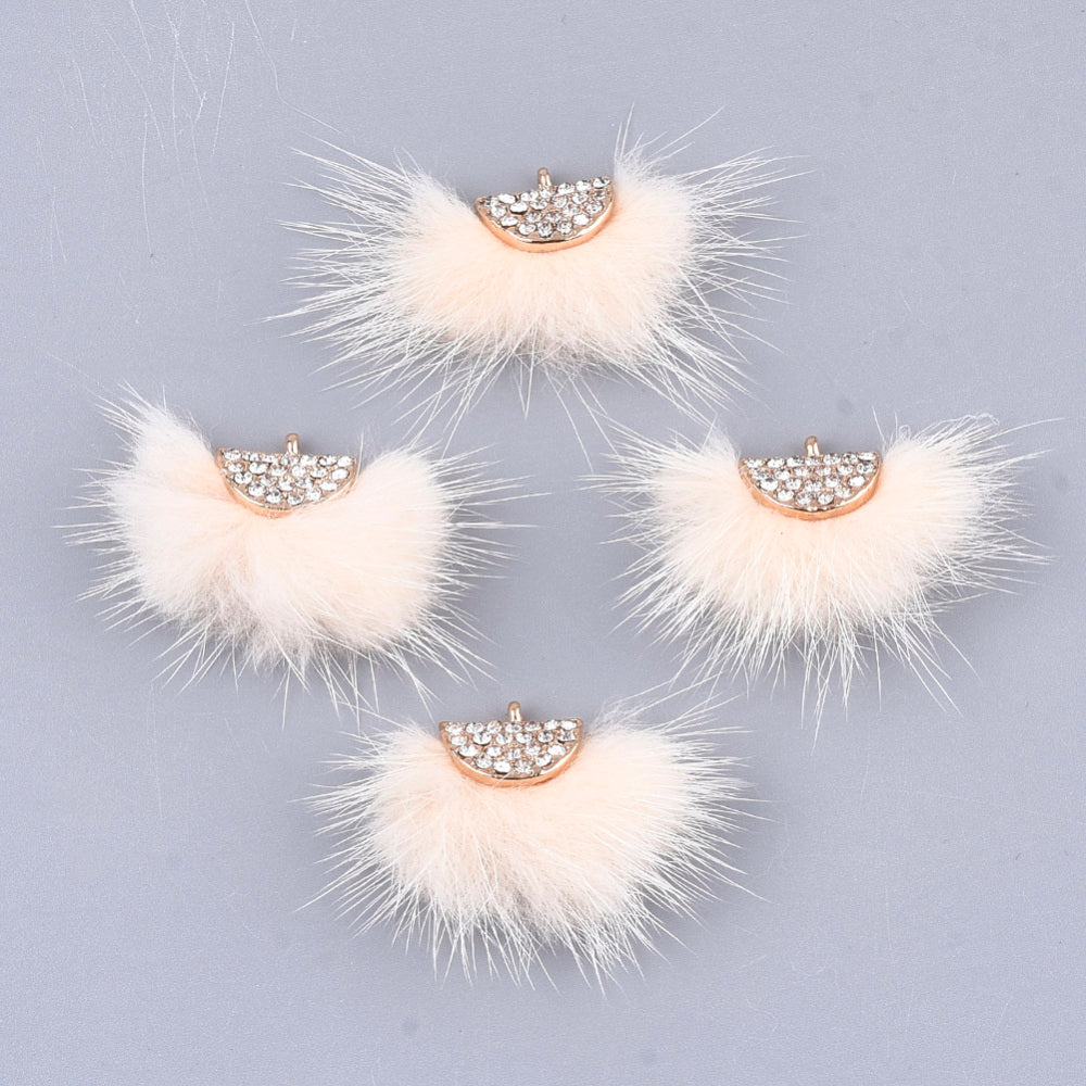 Faux Mink Fur Tassel Pendant Decorations, with Rhinestone and Alloy Findings, Fan 2 Pack