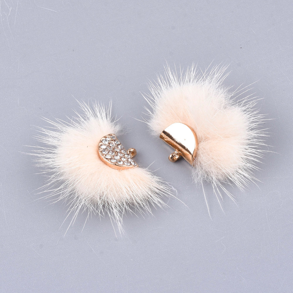 Faux Mink Fur Tassel Pendant Decorations, with Rhinestone and Alloy Findings, Fan 2 Pack