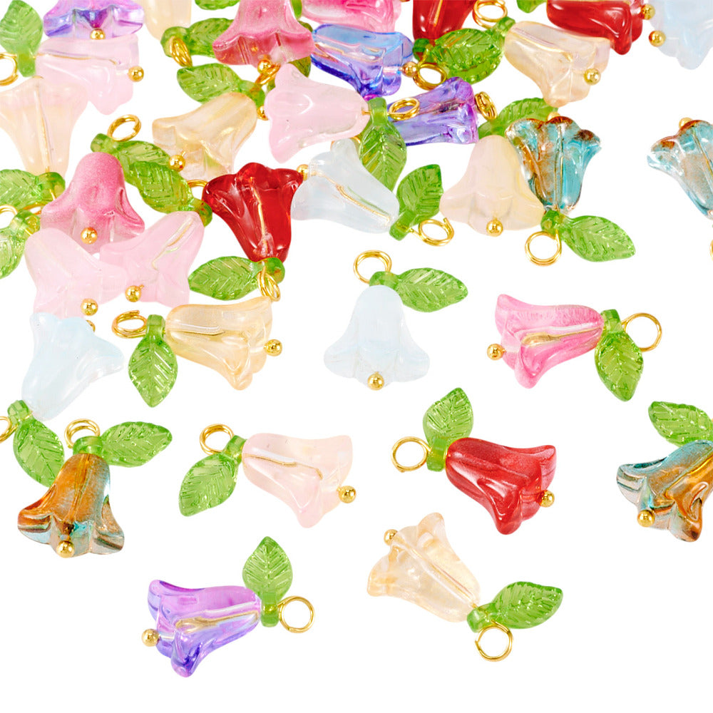 Glass Tulip Flower Charms with Leaf | 8 Piece Set | The Pink Bead Shop Canada