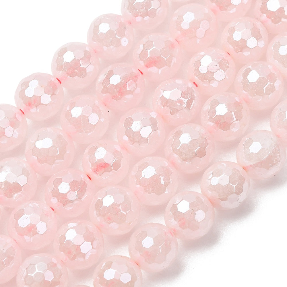 Electroplated Natural Rose Quartz Pearl Luster Faceted Round Beads 6mm & 8mm Strand | The Pink Bead Shop Canada