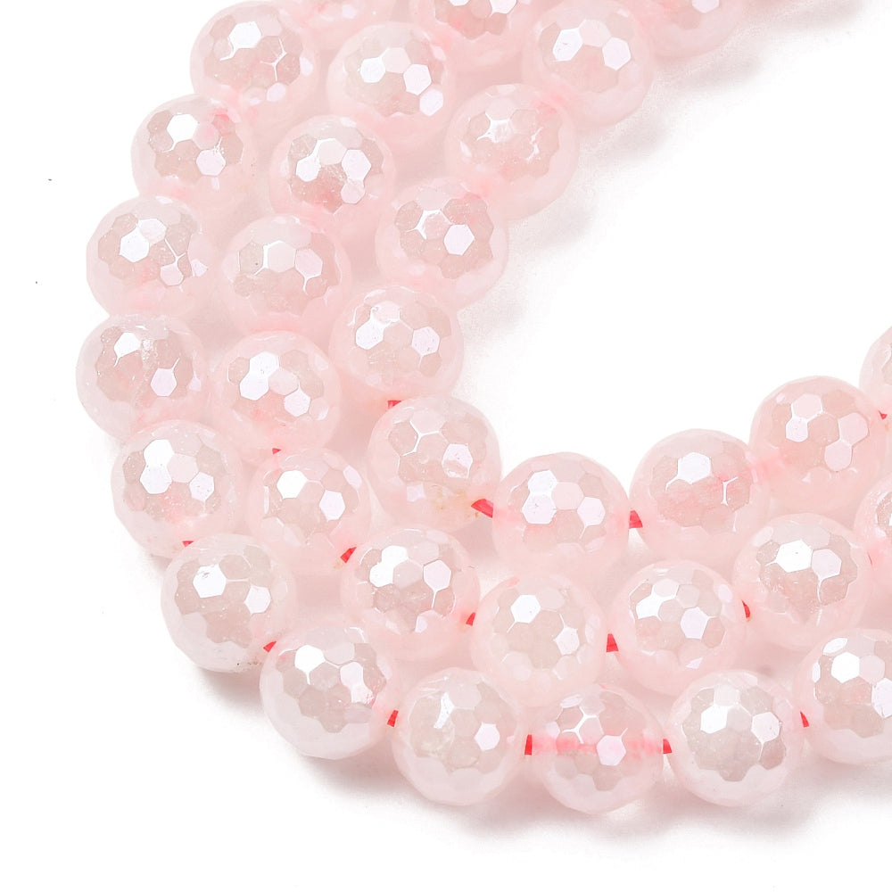 Electroplated Natural Rose Quartz Pearl Luster Faceted Round Beads 6mm & 8mm Strand | The Pink Bead Shop Canada