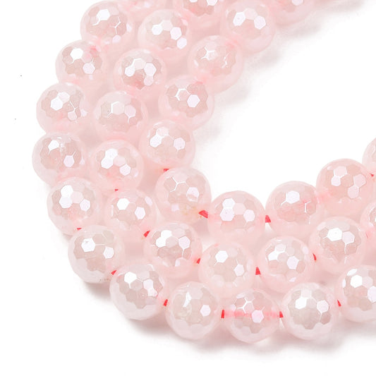 Electroplated Natural Rose Quartz Pearl Luster Faceted Round Beads 6mm & 8mm Strand | The Pink Bead Shop Canada