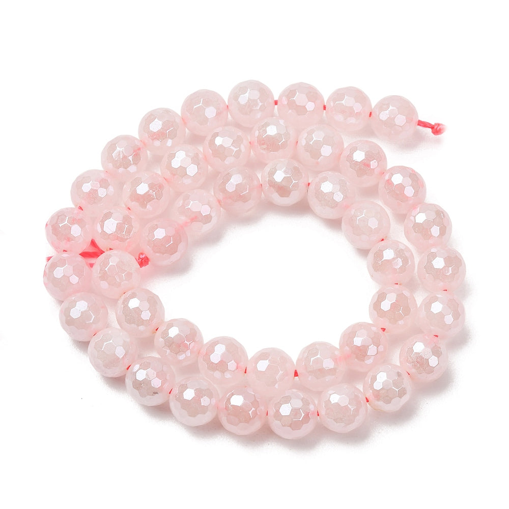 Electroplated Natural Rose Quartz Pearl Luster Faceted Round Beads 6mm & 8mm Strand | The Pink Bead Shop Canada