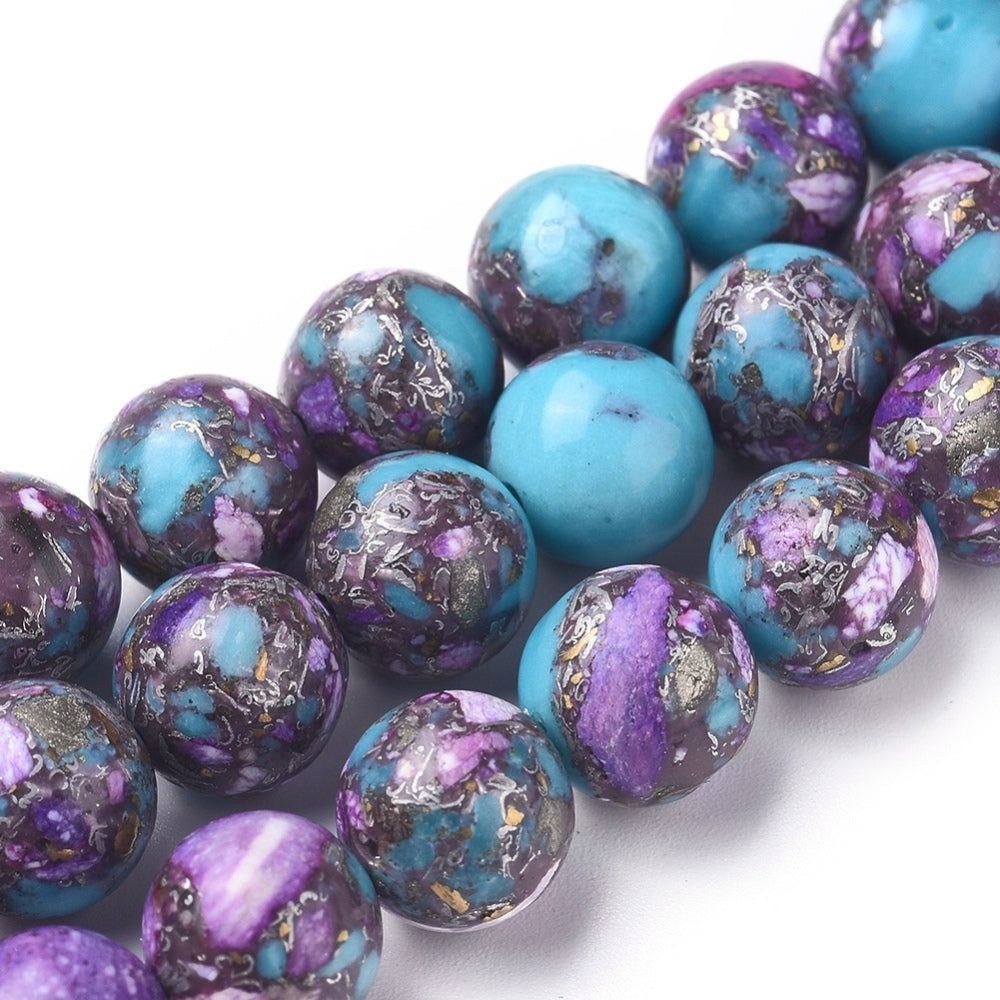 Silver Line Turquoise & Charoite Beads – 8–8.5mm Round The PInk Bead Shop