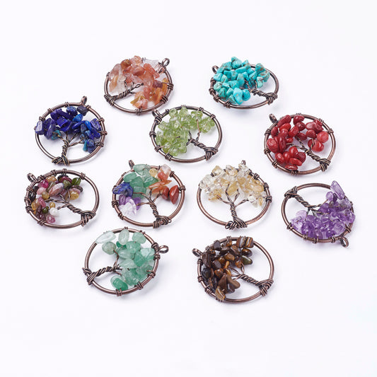 Assorted Tree of Life Gemstone Chip Pendants – Flat Round Copper Wrapped