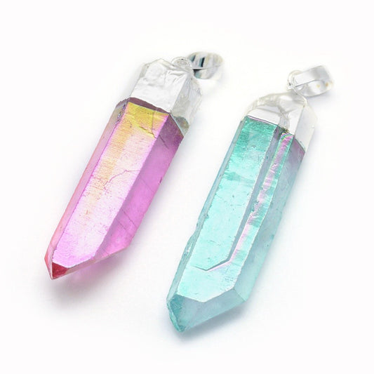 Faceted Quartz Crystal Point Pendant – AB Plated Bullet Style | The Pink Bead Shop Canada