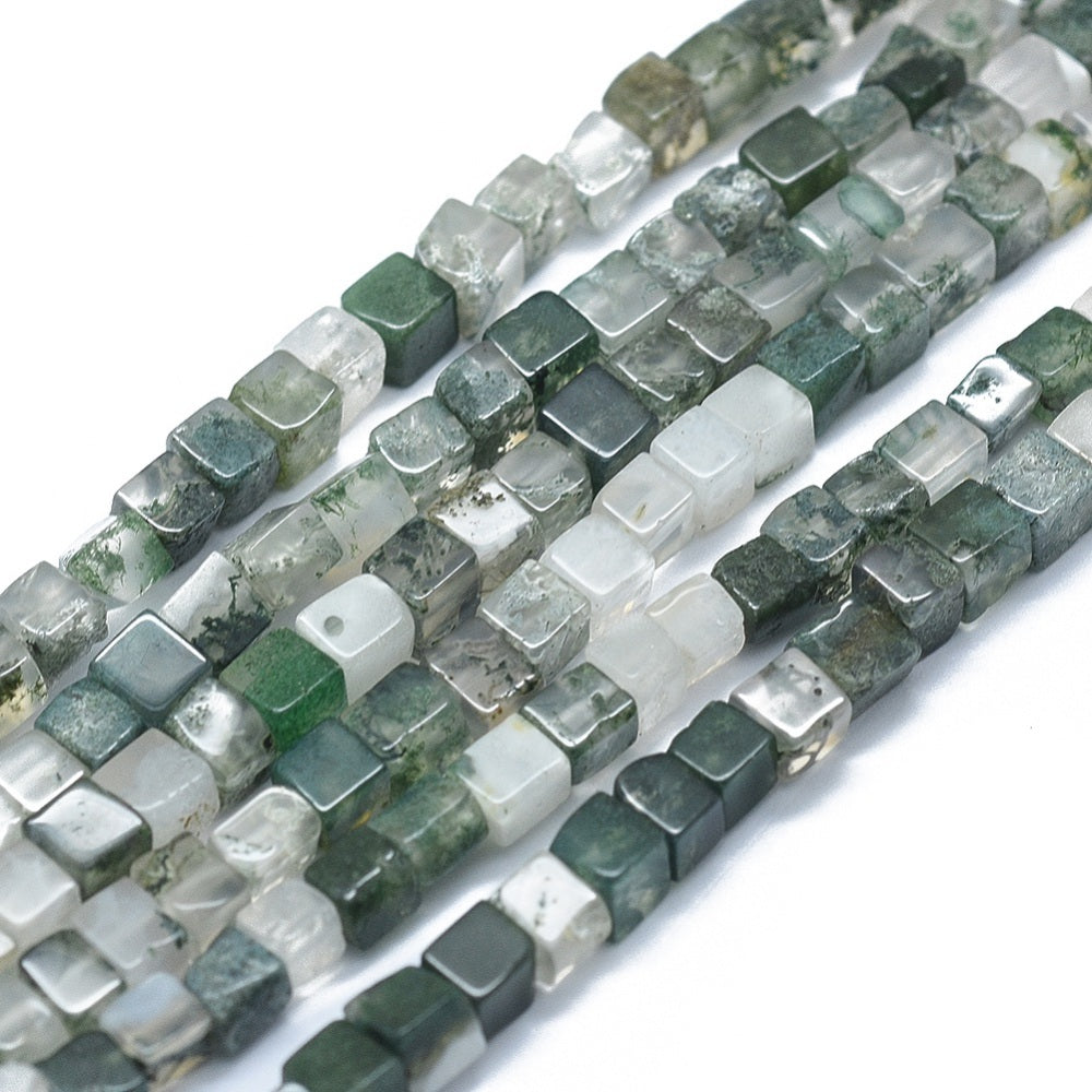 Moss Agate Cube Beads | Natural Faceted 3–5mm Gemstone Strands | The Pink Bead Shop Canada