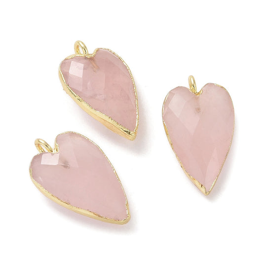Rose Quartz Pendants, Faceted Heart Charms, with Golden Plated Brass Edge Loops