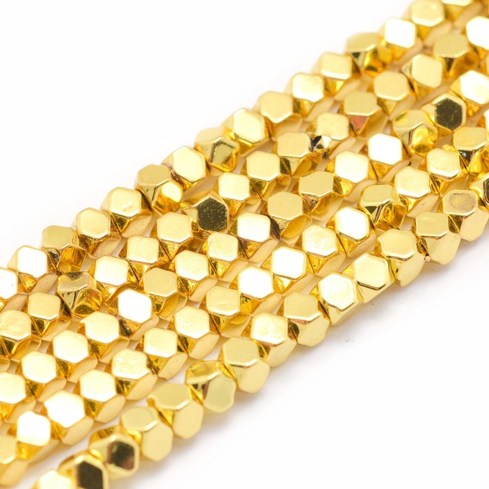 Gold Hematite Beads | Faceted Cube 4mm Electroplated Strands | The Pink Bead Shop Canada