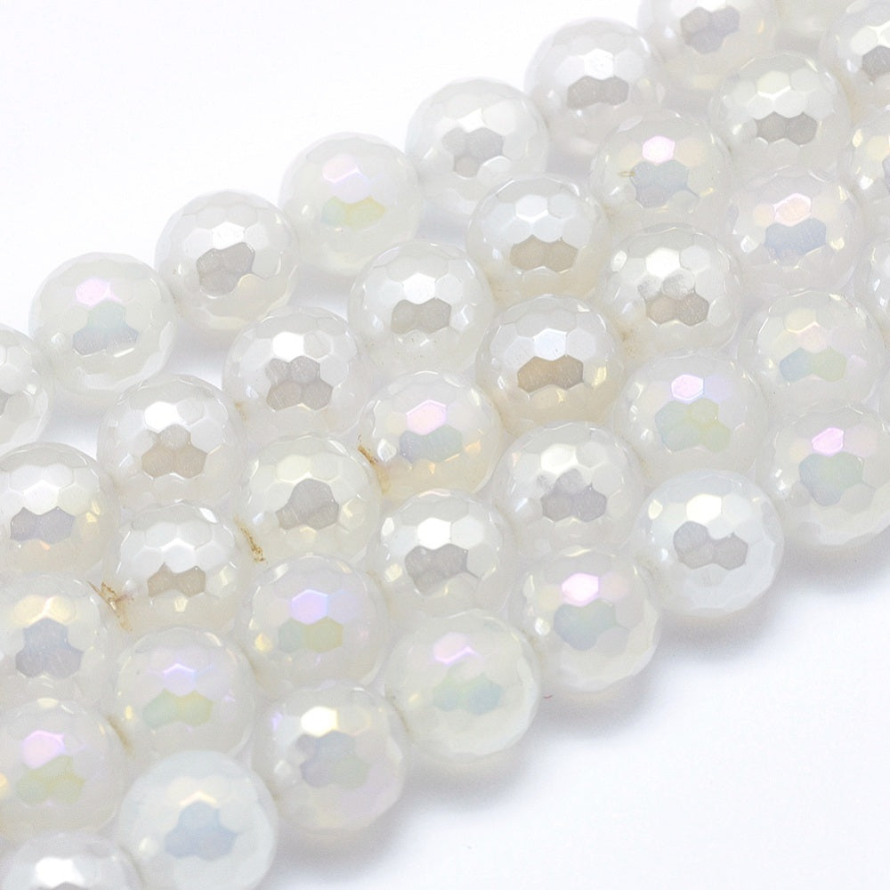 Electroplated Natural Agate Beads – 8mm Faceted Round White | The Pink Bead Shop Canada