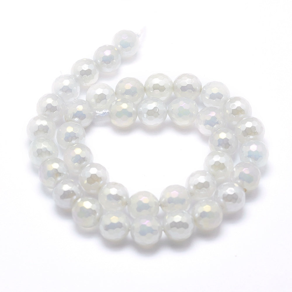Electroplated Natural Agate Beads – 8mm Faceted Round White | The Pink Bead Shop Canada
