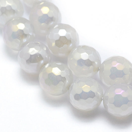 Electroplated Natural Agate Beads – 8mm Faceted Round White | The Pink Bead Shop Canada