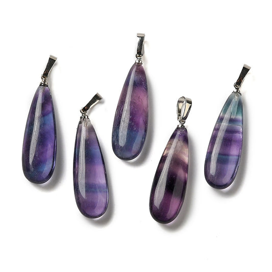 Fluorite Pendants, Teardrop Charms with Rack Plating Platinum Tone Brass Snap on Bails