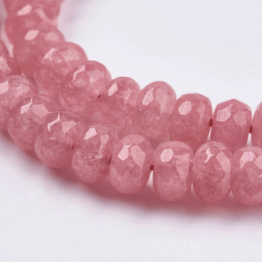 Natural Jade Beads Strands – Dyed, Faceted, Rondelle, Salmon, 8×5–6mm, Hole: 1mm, Approx. 63–68pcs/Strand, 14.17–14.76” The Pink Bead Shop