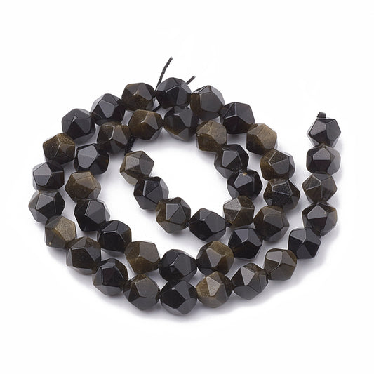 Natural Golden Sheen Obsidian Beads Strands – Star Cut, Faceted, Black with Gold Flash, 8–10×7–8mm, Hole: 1mm, Approx. 45–48pcs/Strand, 14.2–14.6” The Pink Bead Shop