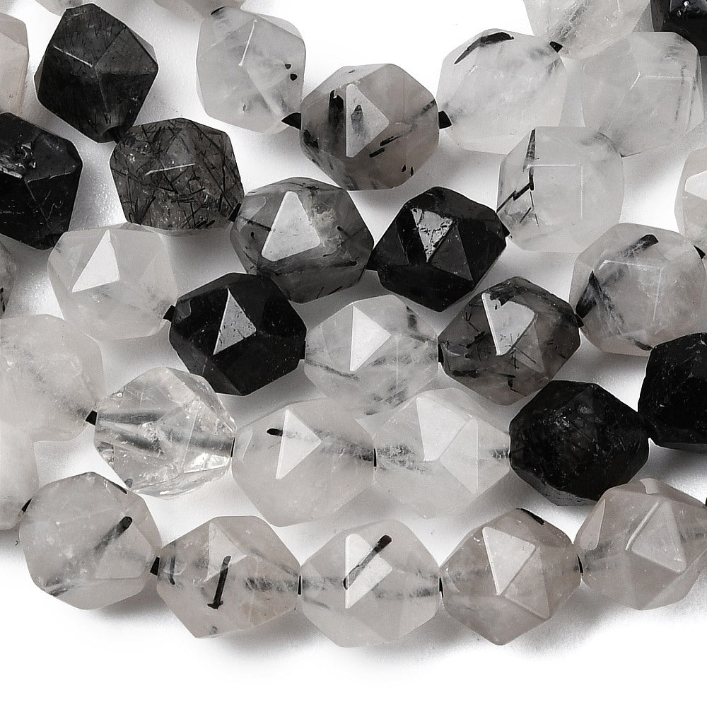 Tourmalinated Quartz Star Cut Round Beads – 7–8mm The Pink Bead Shop