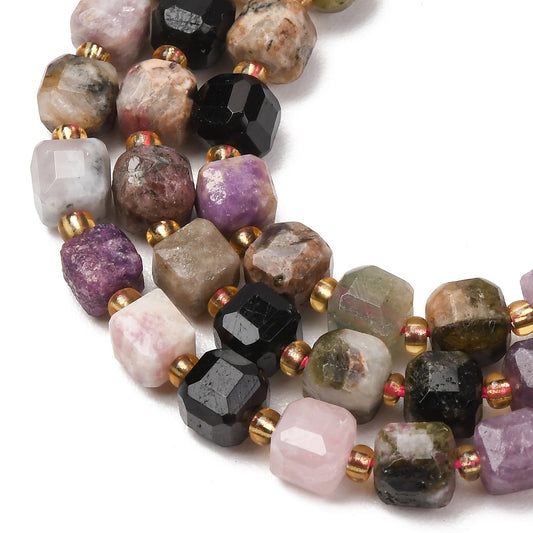 Multi color Tourmaline Faceted Cube Beads with Seed Bead Accents – 6–7.5mm | The Pink Bead Shop Canada